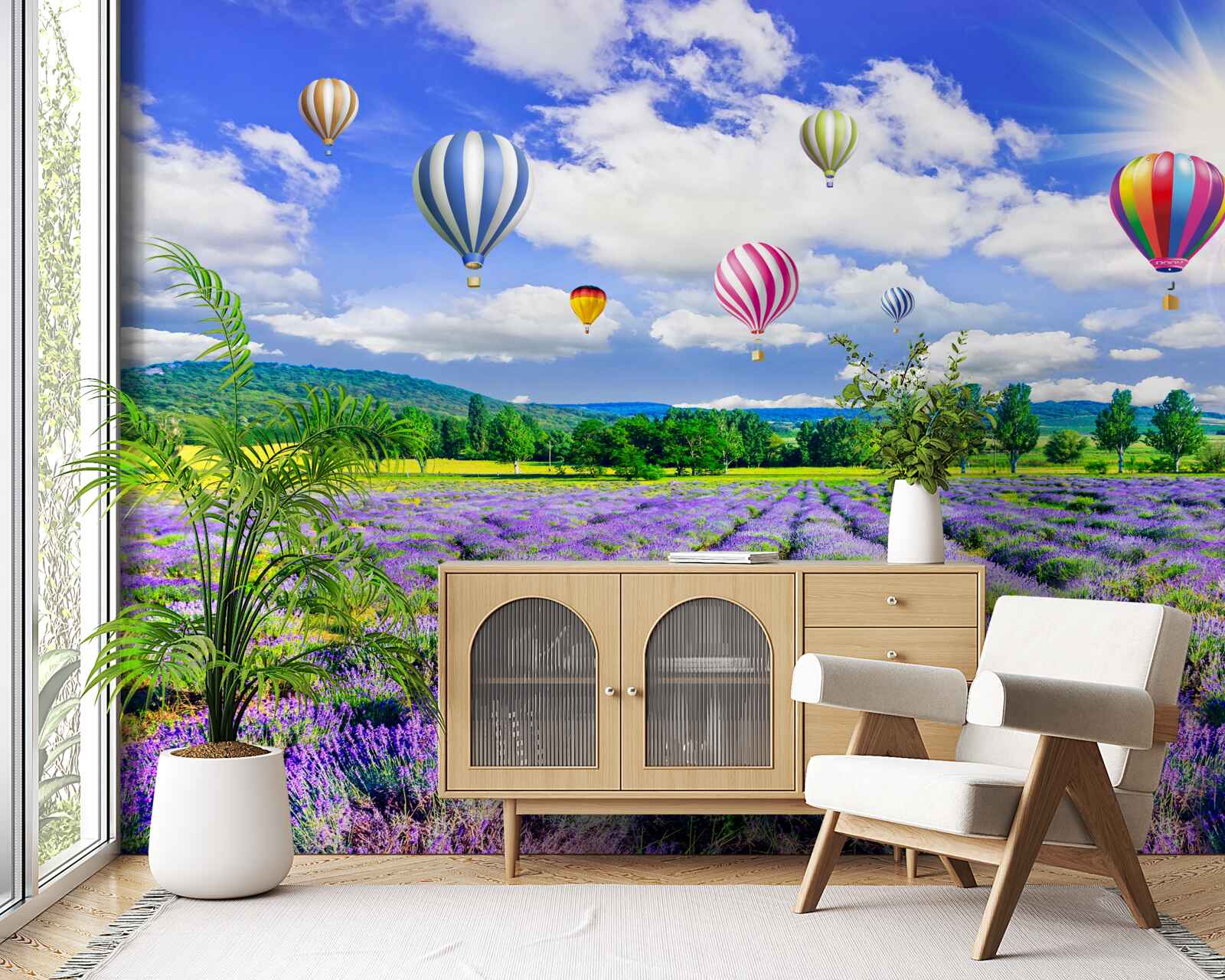 Papier peint vol en ballon au-dessus d'un champ de lavande