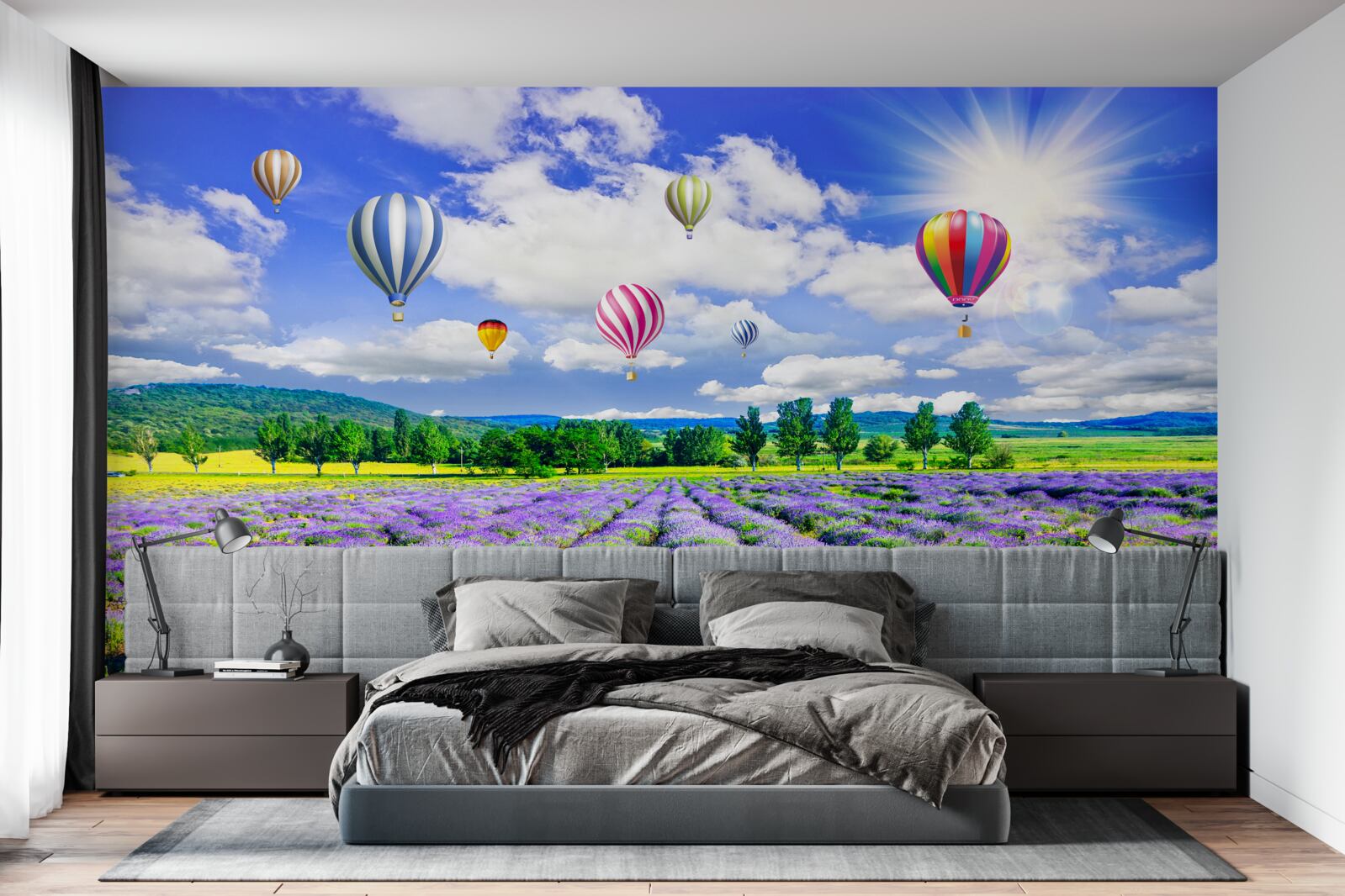 Papier peint vol en ballon au-dessus d'un champ de lavande