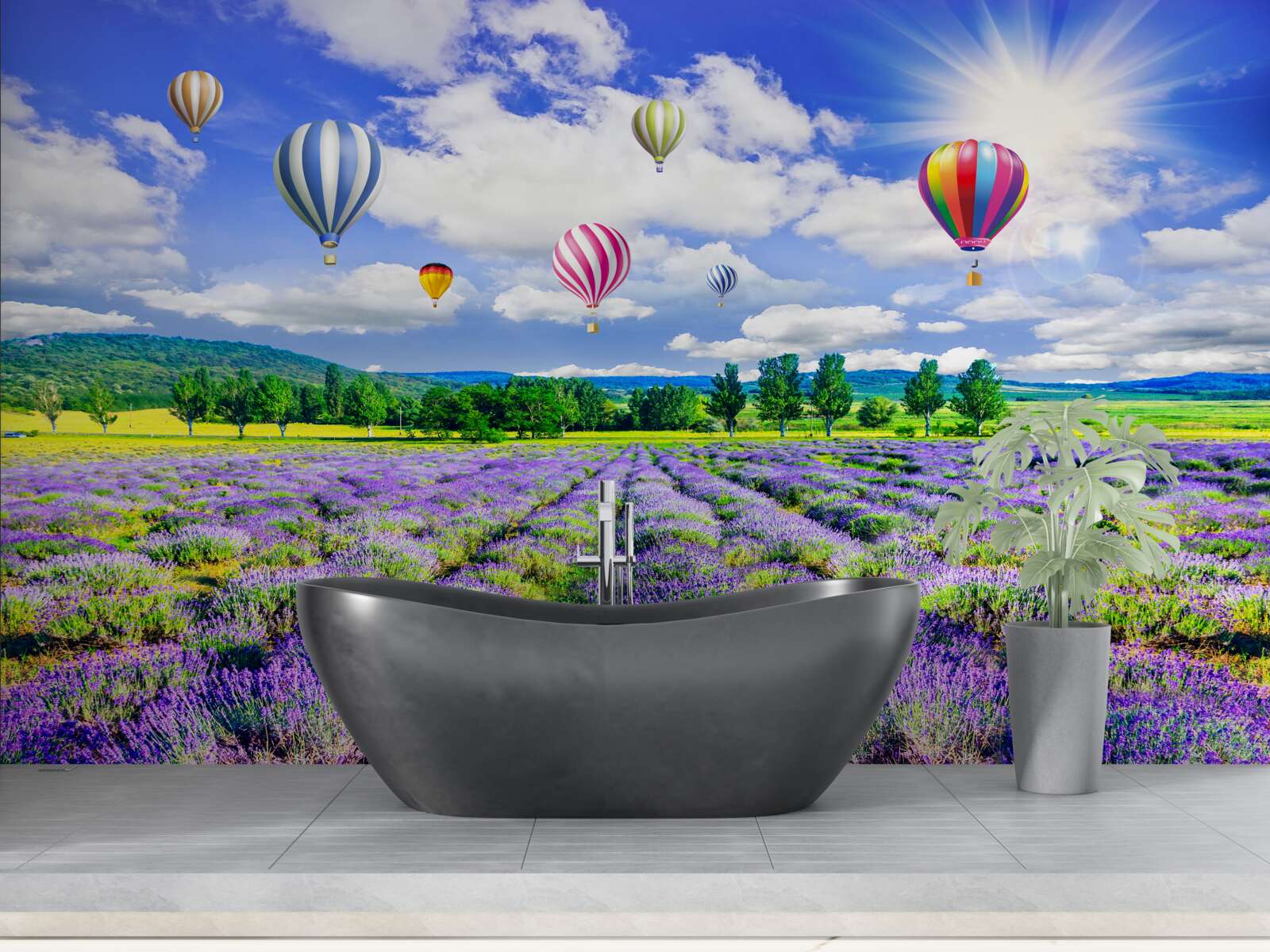 Papier peint vol en ballon au-dessus d'un champ de lavande