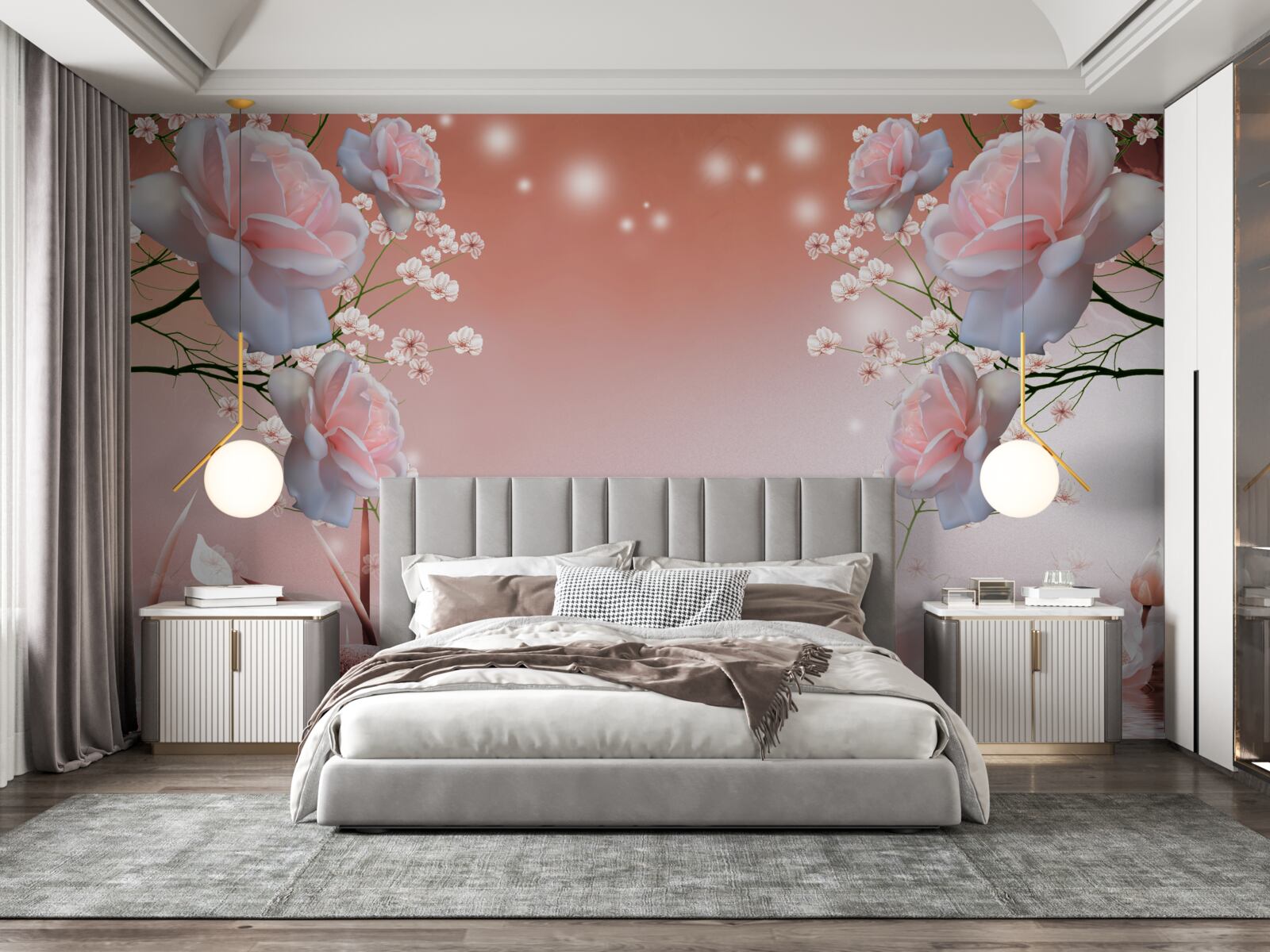 Papier peint fleurs au bord de l'eau, bourgeons naissants