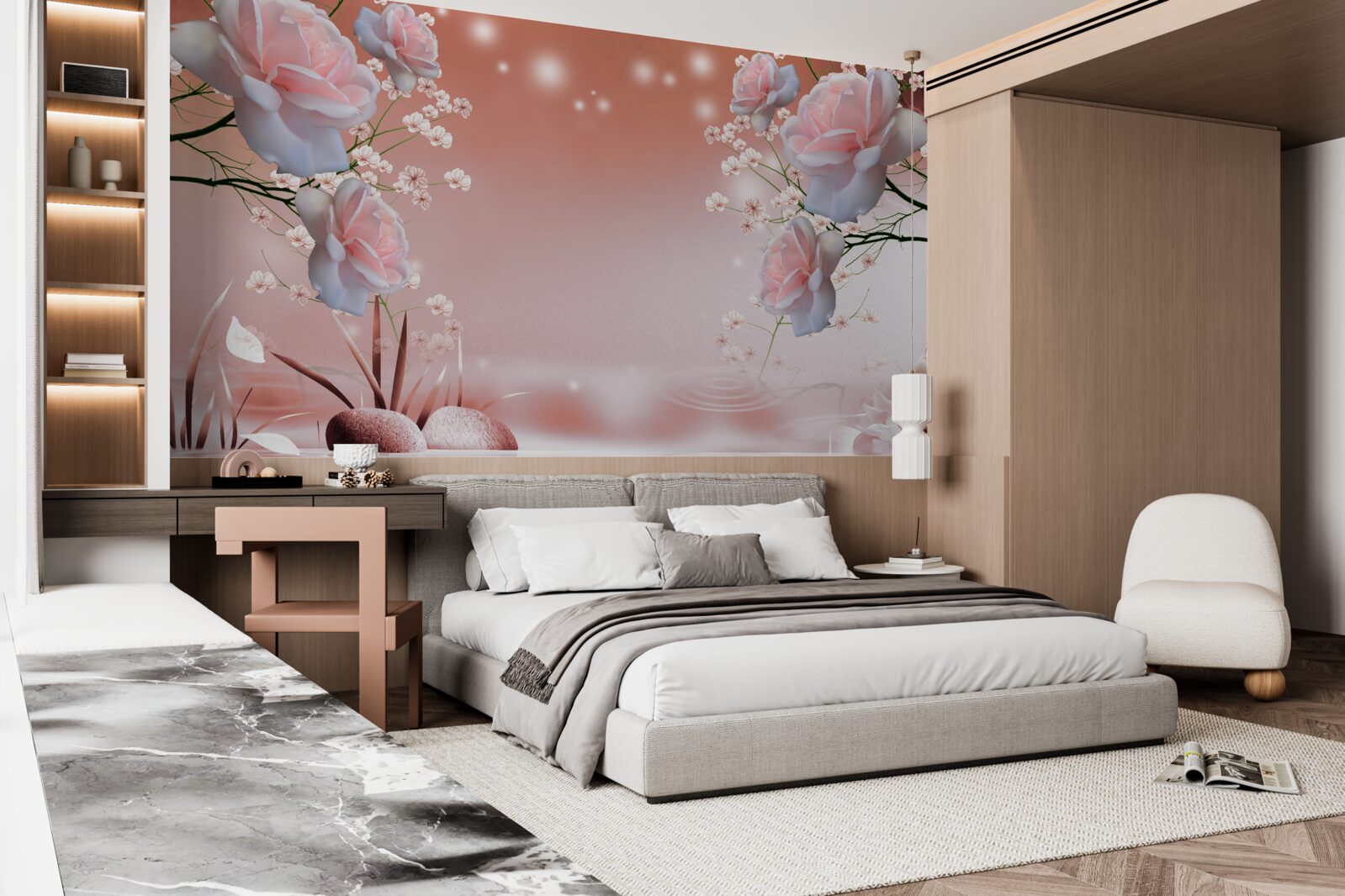 Papier peint fleurs au bord de l'eau, bourgeons naissants