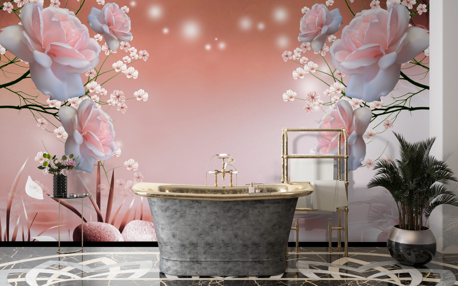 Papier peint fleurs au bord de l'eau, bourgeons naissants