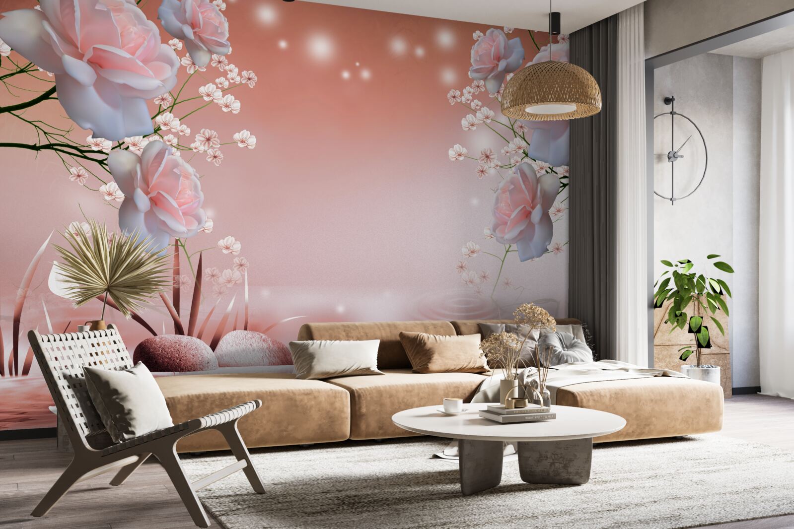 Papier peint fleurs au bord de l'eau, bourgeons naissants