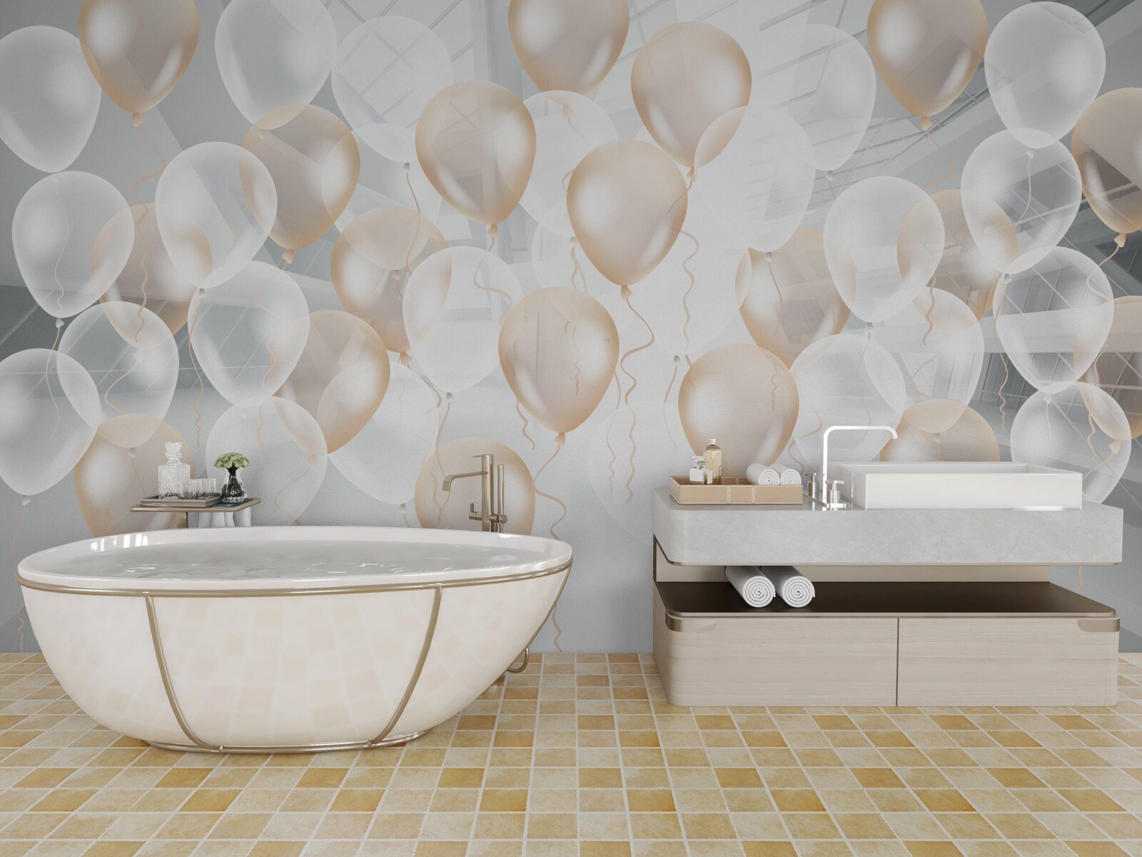 Papier peint ballons blancs et or