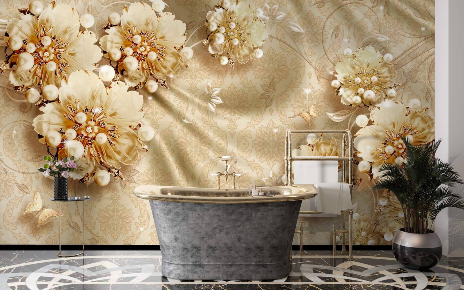 Papier peint les nuances de brun dominent les tons floraux et de soie