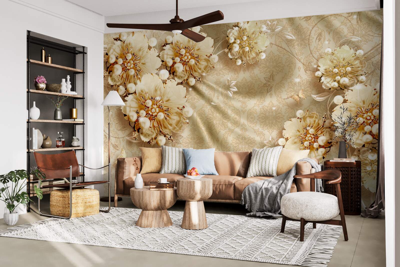 Papier peint les nuances de brun dominent les tons floraux et de soie