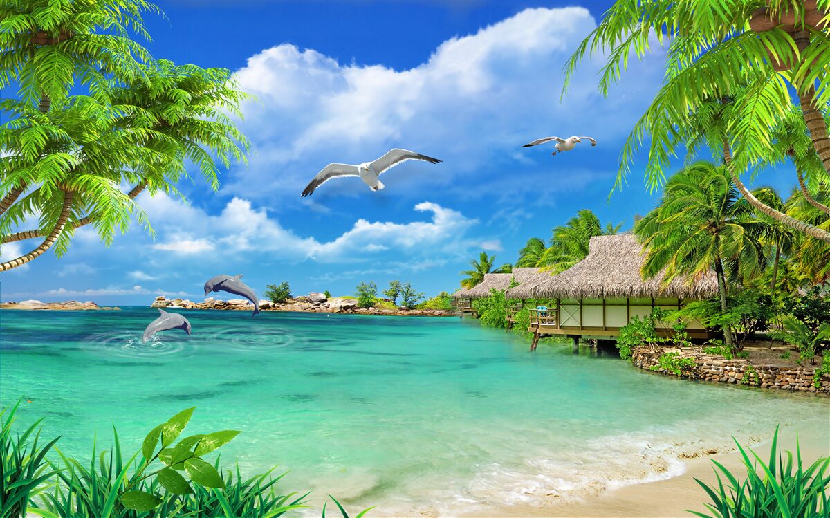 Papier peint rivage tropical avec eau azur