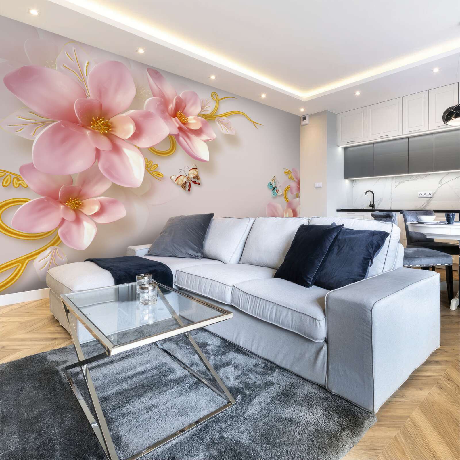 Papier peint jolies fleurs en porcelaine rose