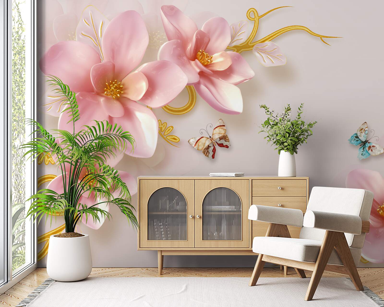 Papier peint jolies fleurs en porcelaine rose