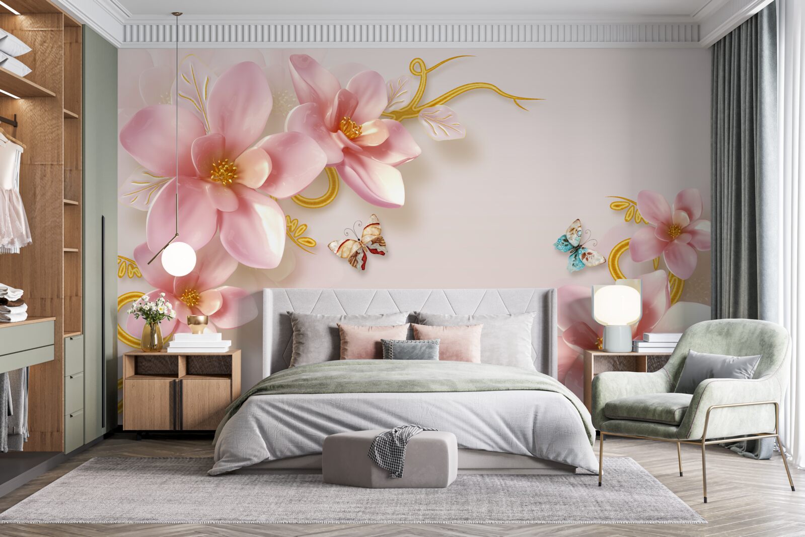 Papier peint jolies fleurs en porcelaine rose