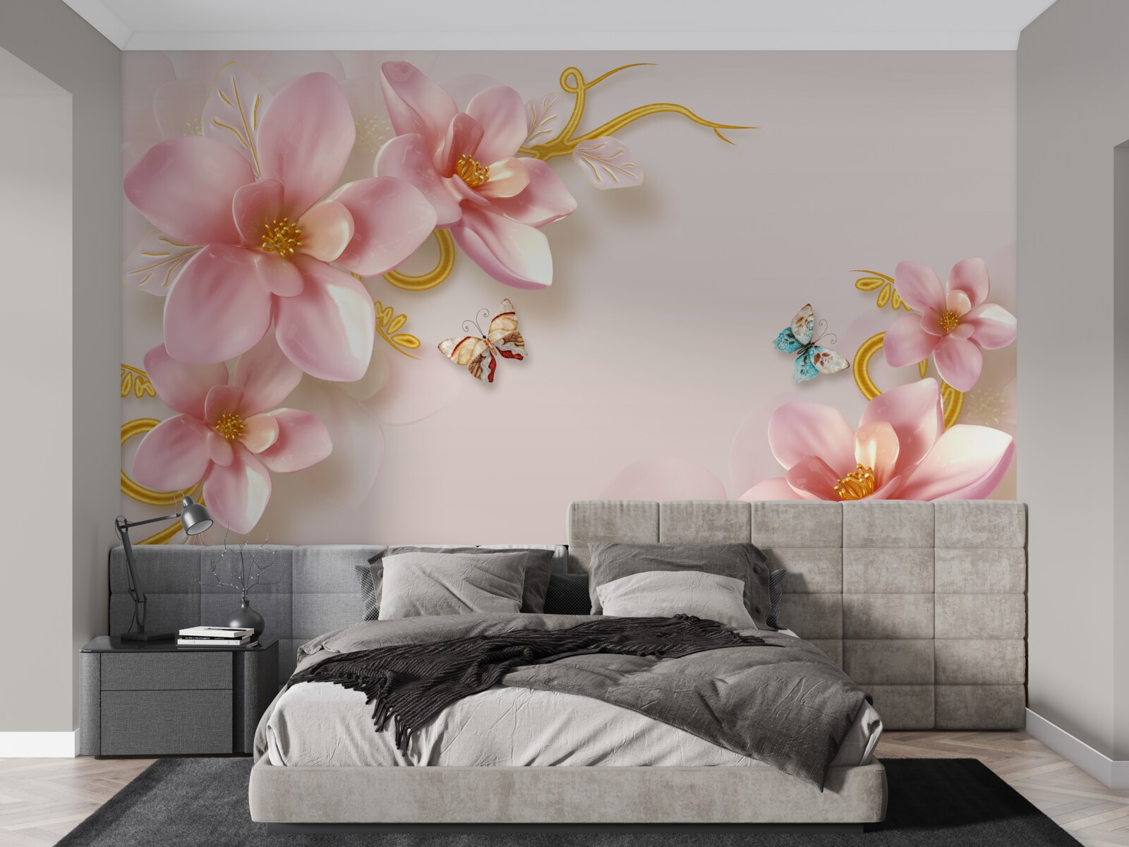 Papier peint jolies fleurs en porcelaine rose