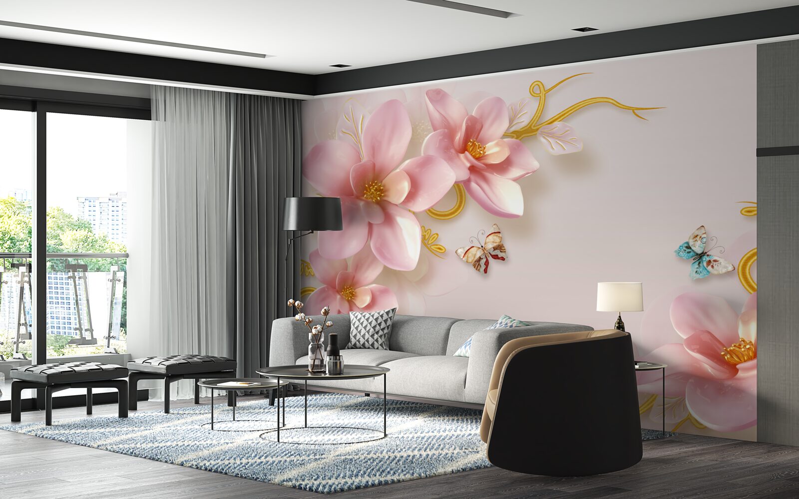 Papier peint jolies fleurs en porcelaine rose