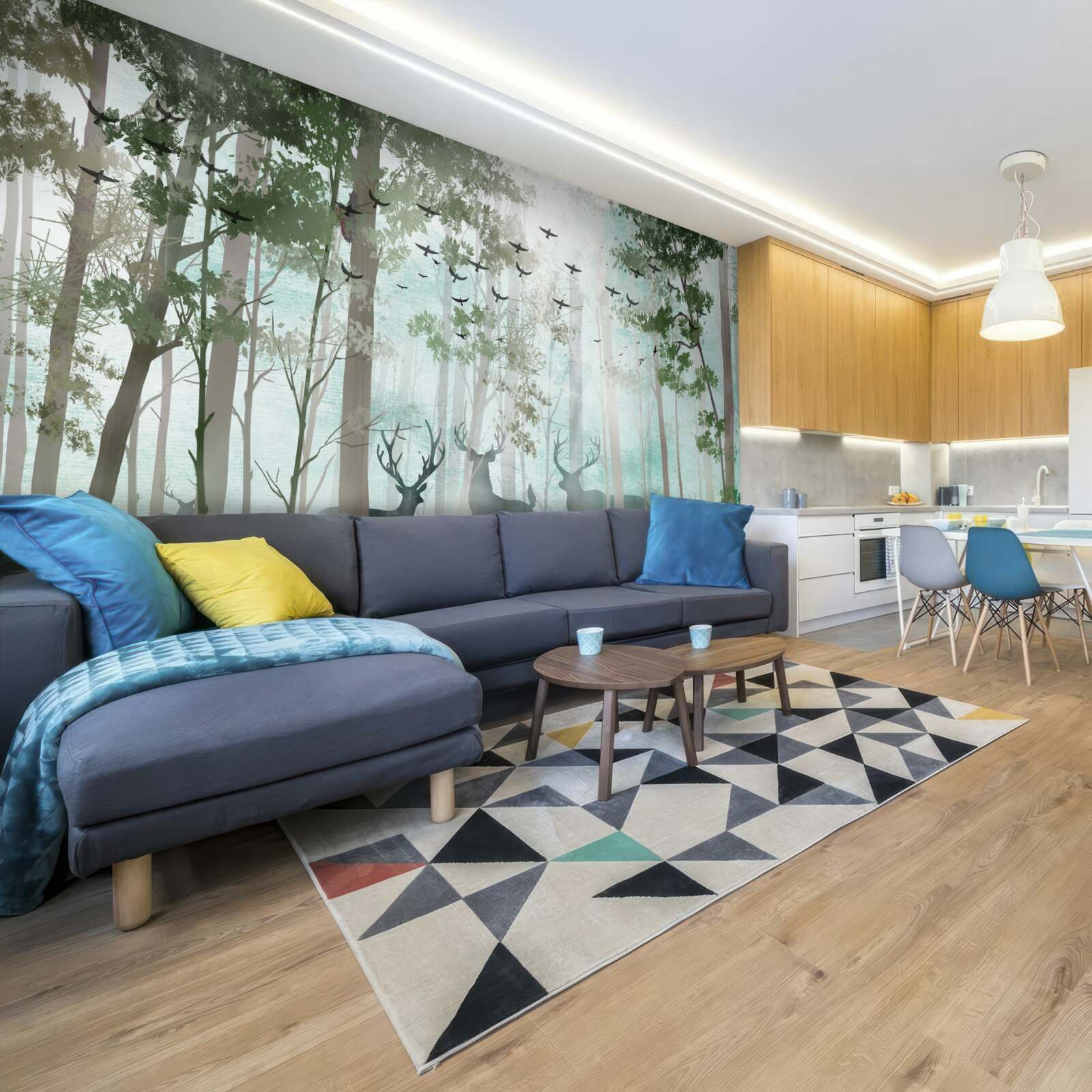 Papier peint un groupe de cerfs salue le matin dans une forêt brumeuse