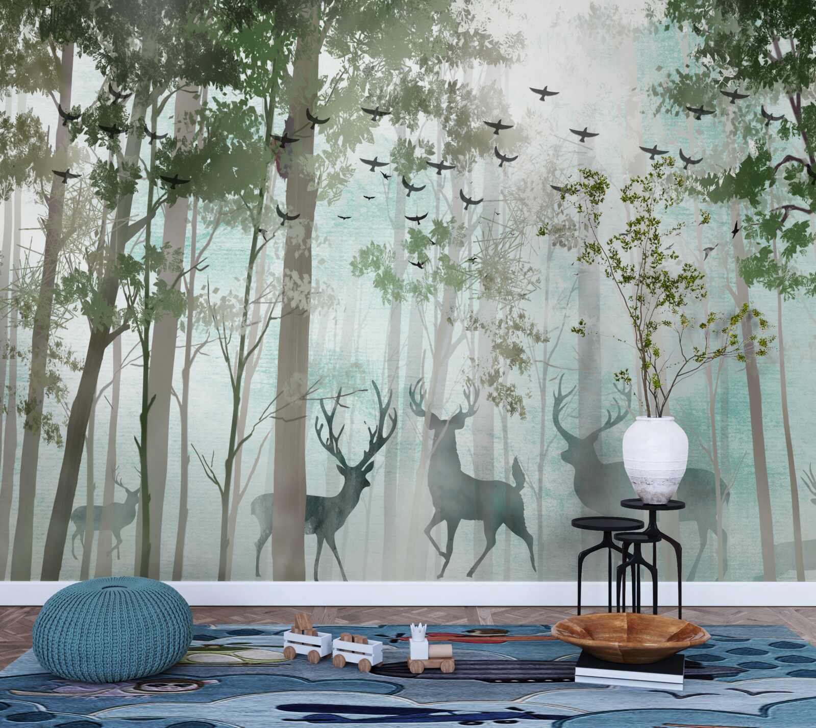 Papier peint un groupe de cerfs salue le matin dans une forêt brumeuse