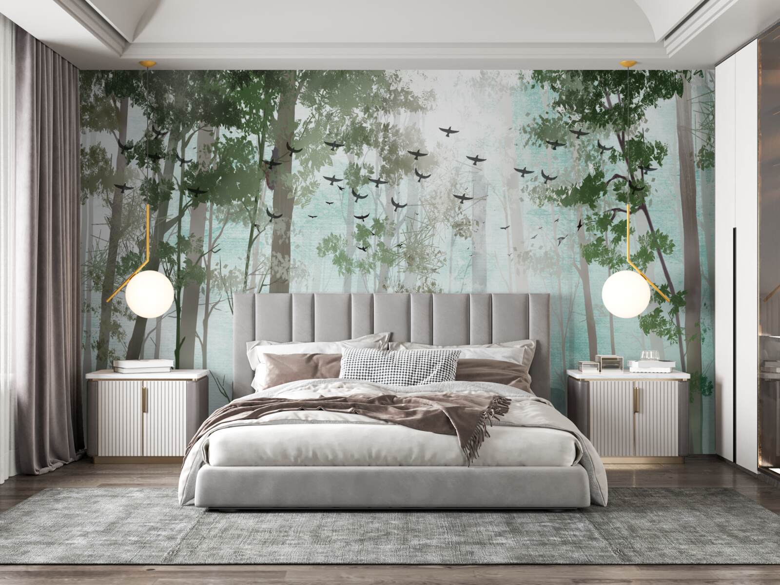 Papier peint un groupe de cerfs salue le matin dans une forêt brumeuse