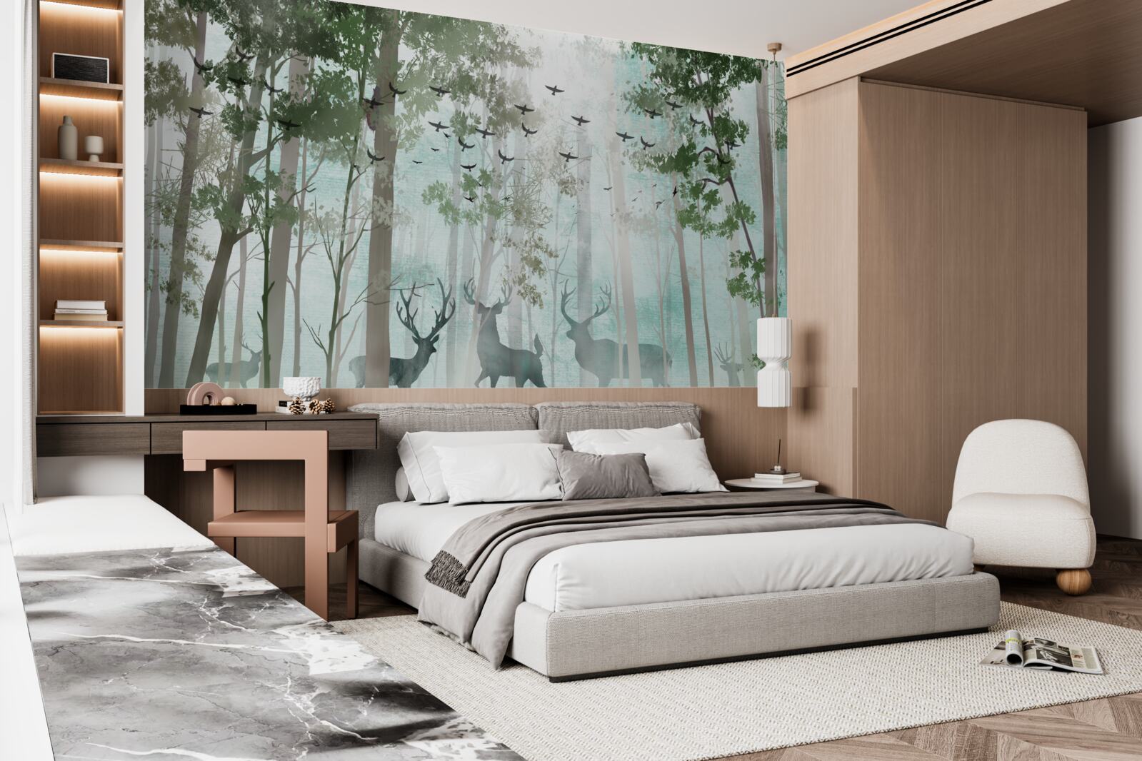 Papier peint un groupe de cerfs salue le matin dans une forêt brumeuse