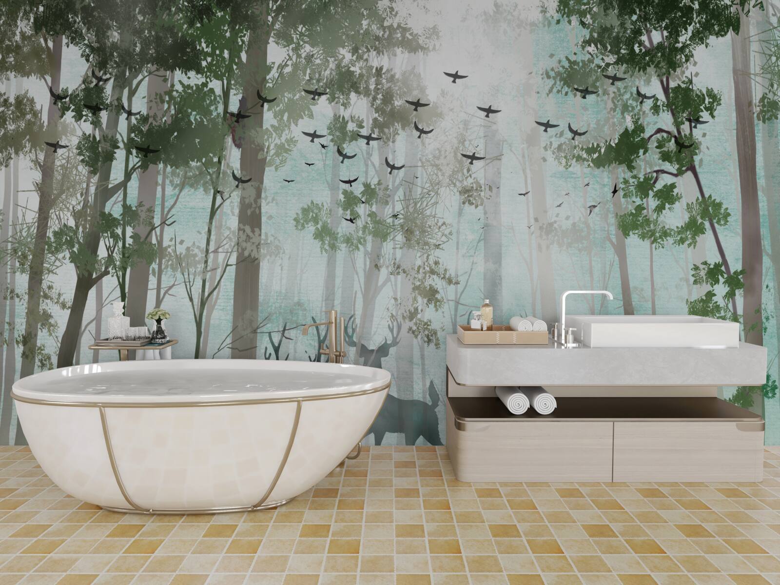 Papier peint un groupe de cerfs salue le matin dans une forêt brumeuse