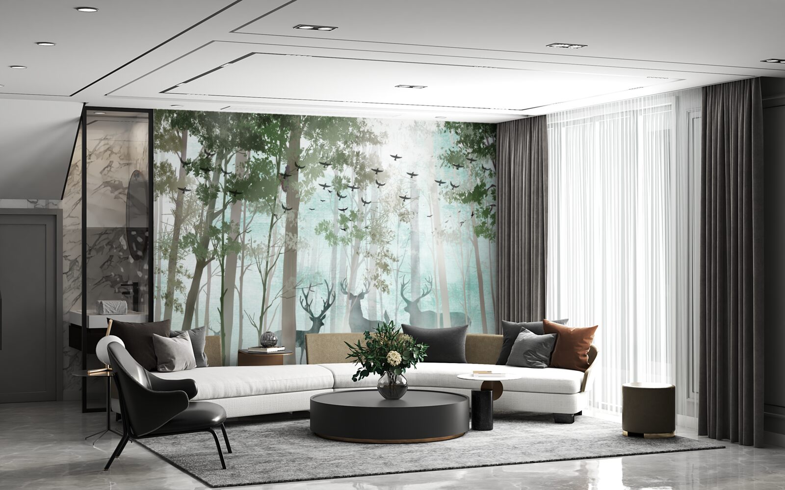 Papier peint un groupe de cerfs salue le matin dans une forêt brumeuse