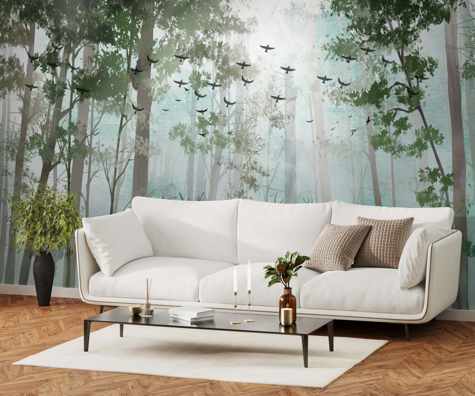 Papier peint un groupe de cerfs salue le matin dans une forêt brumeuse