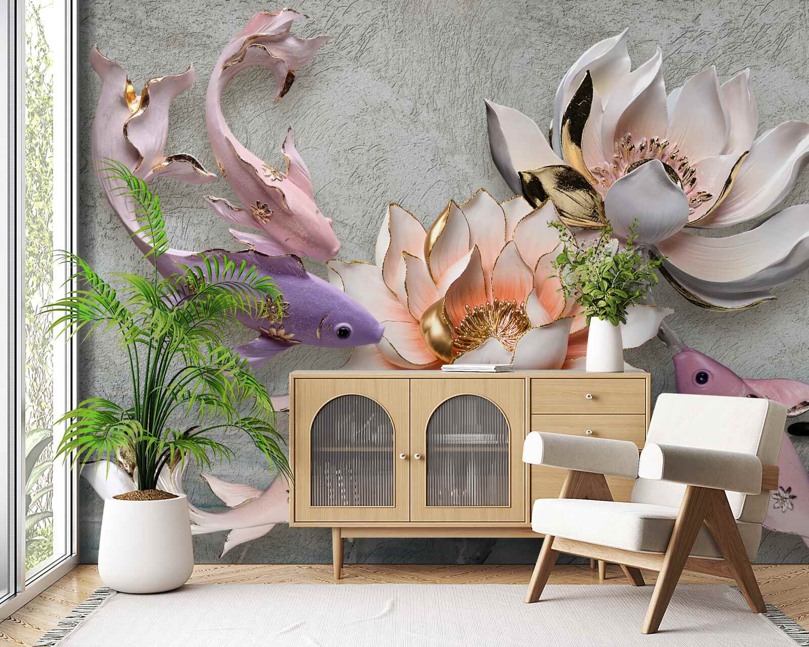 Papier peint des fleurs près d'un lac dans lequel nagent des cygnes