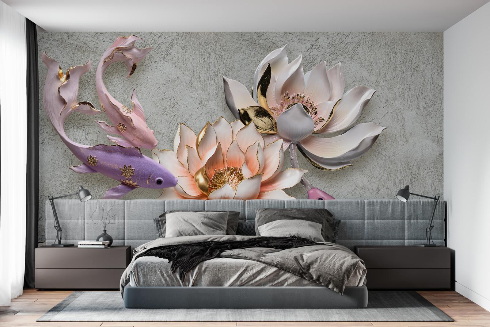 Papier peint des fleurs près d'un lac dans lequel nagent des cygnes