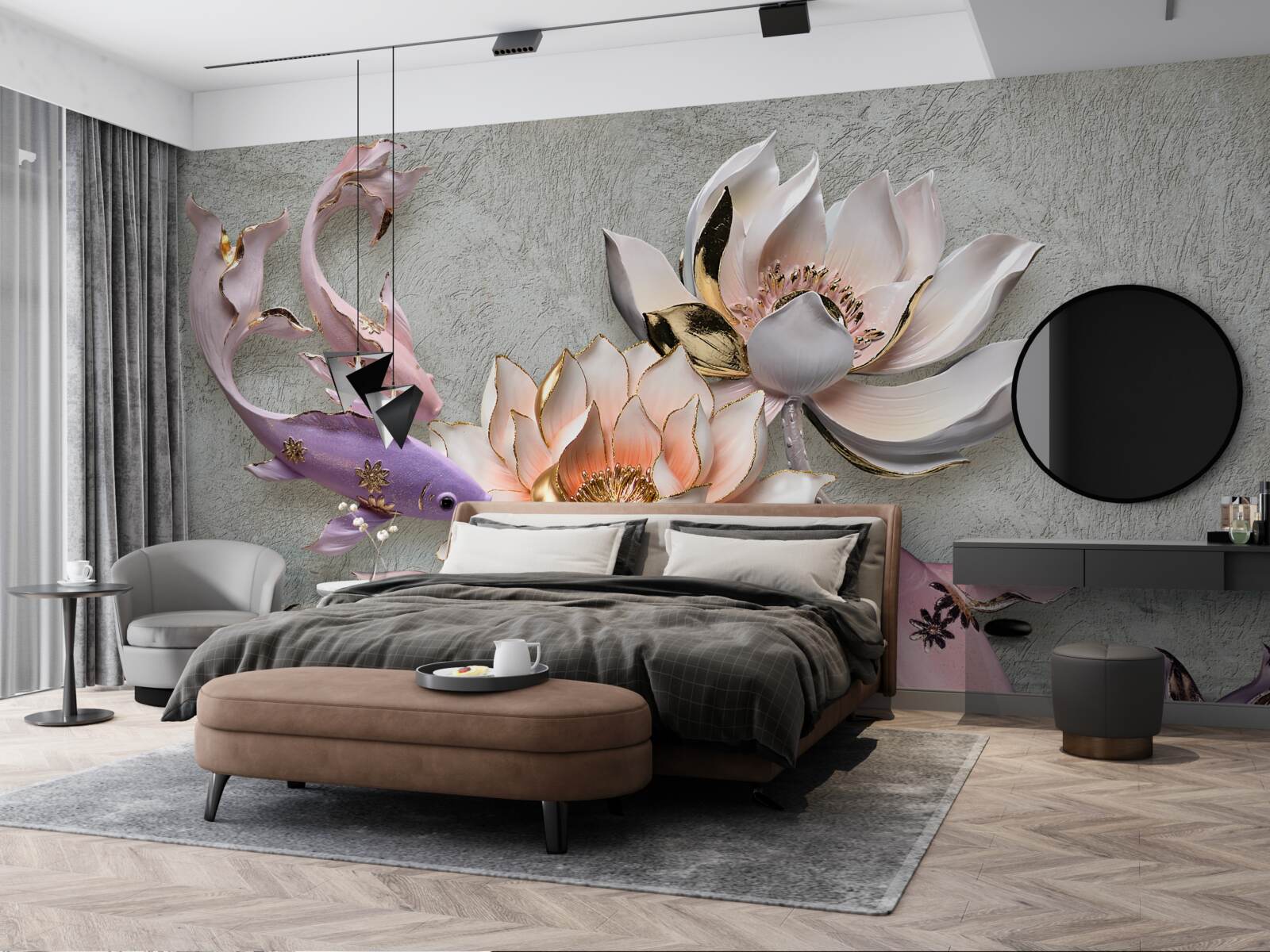 Papier peint des fleurs près d'un lac dans lequel nagent des cygnes