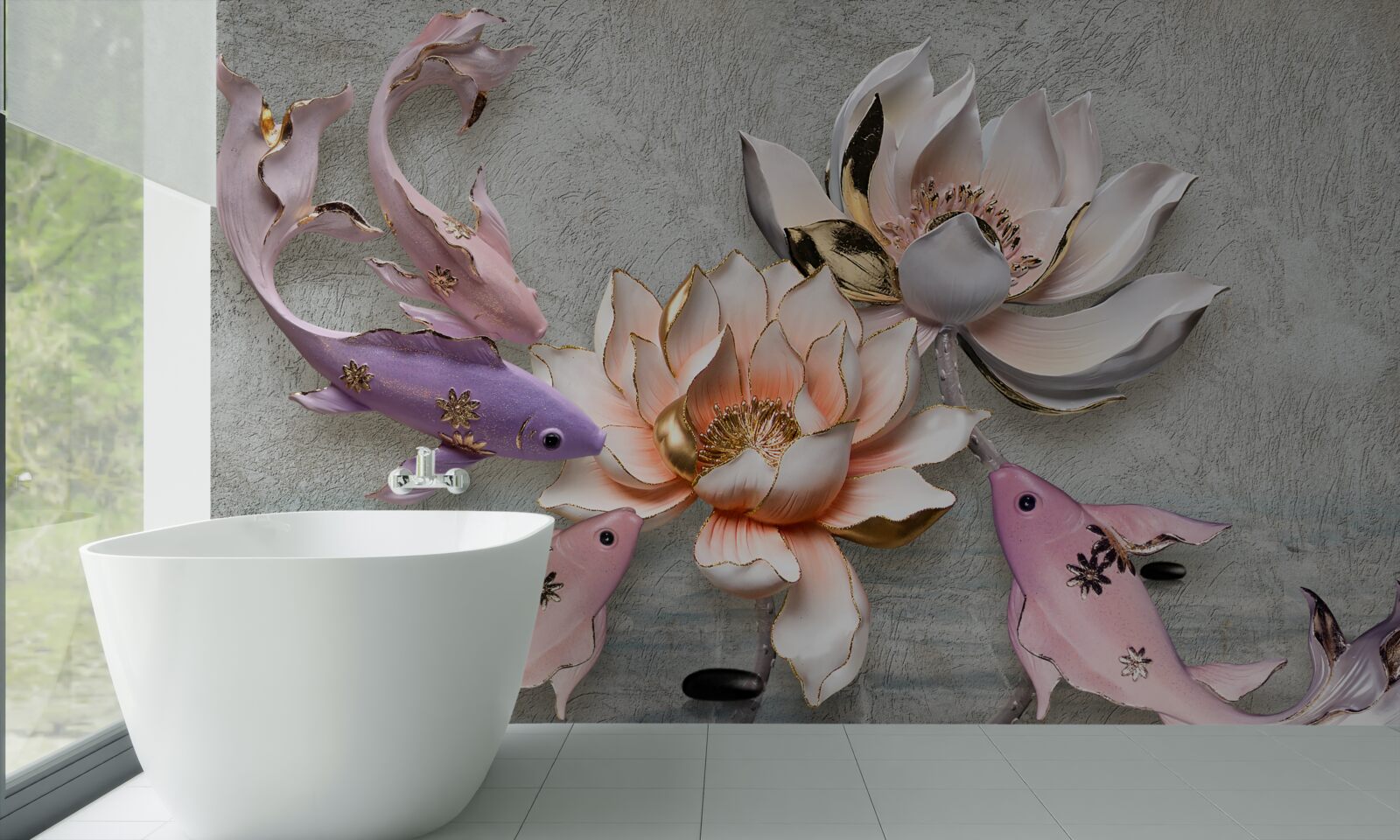 Papier peint des fleurs près d'un lac dans lequel nagent des cygnes