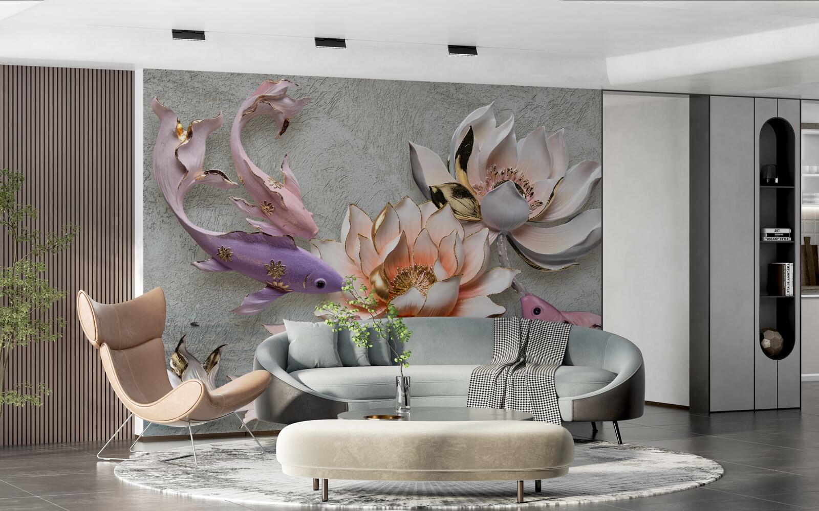 Papier peint des fleurs près d'un lac dans lequel nagent des cygnes