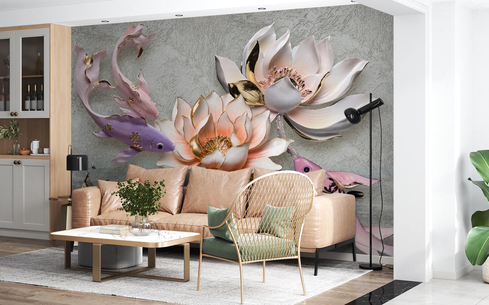 Papier peint des fleurs près d'un lac dans lequel nagent des cygnes