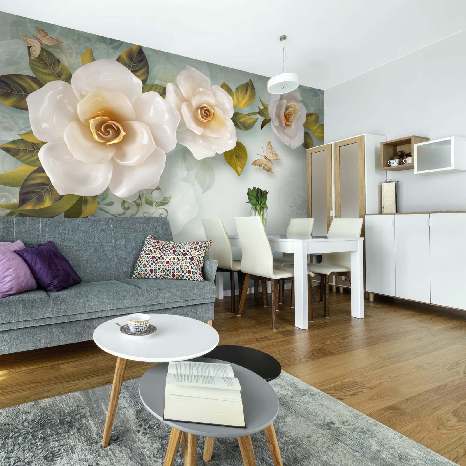 Papier peint roses en laque beige