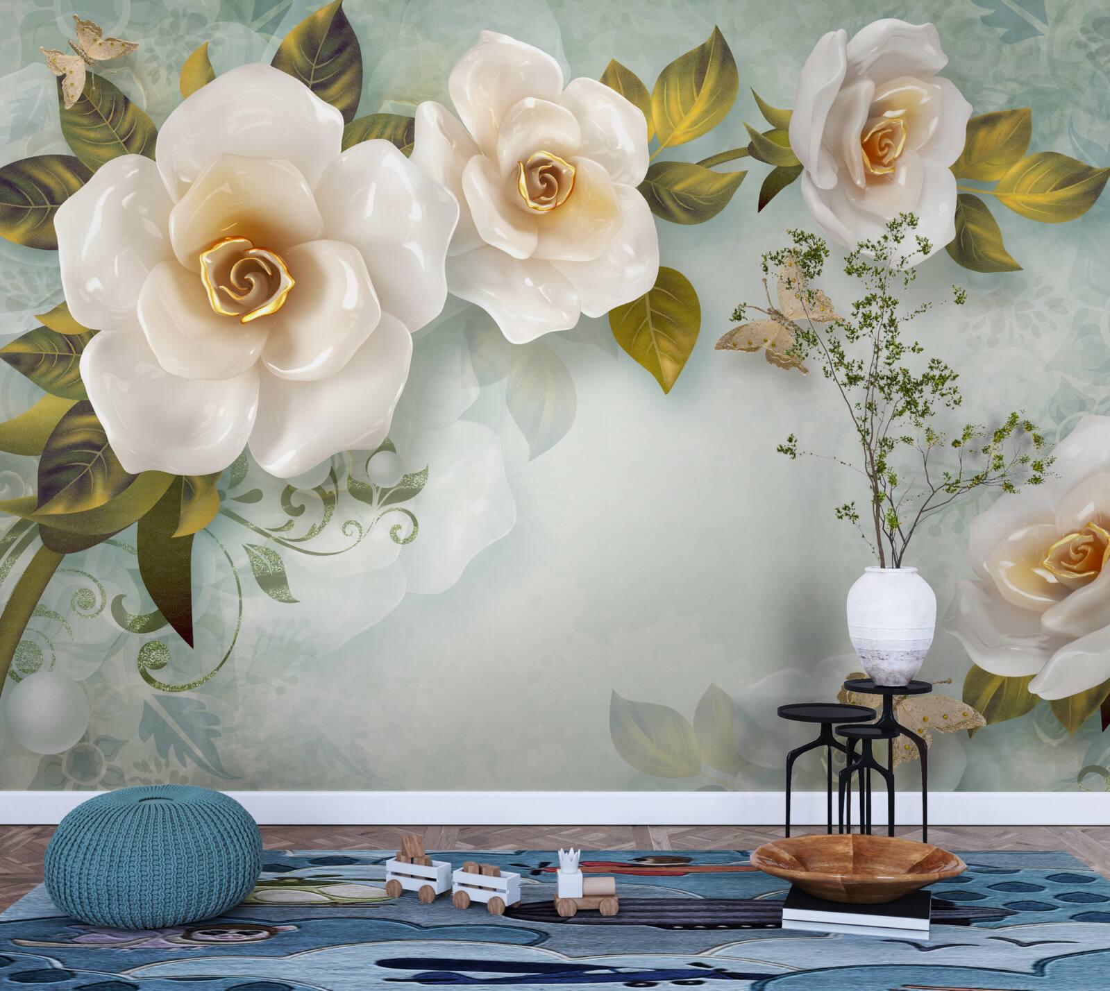 Papier peint roses en laque beige