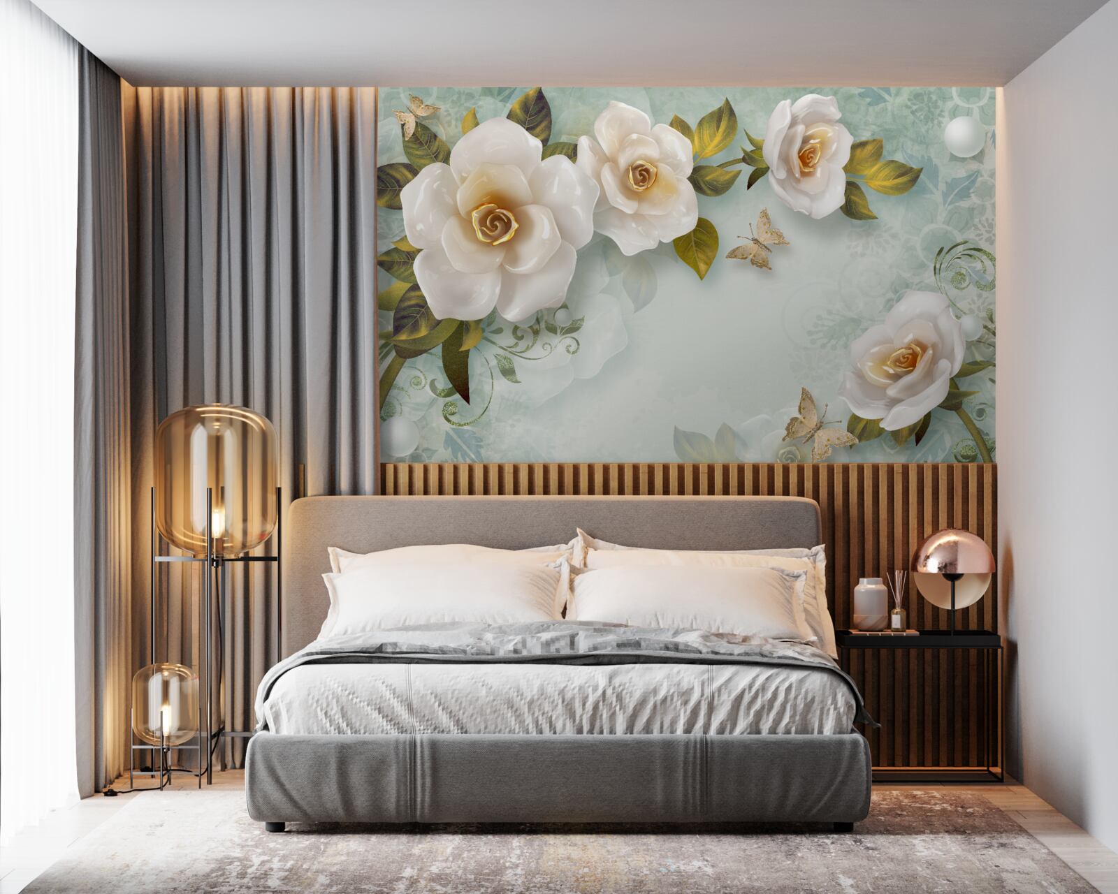 Papier peint roses en laque beige