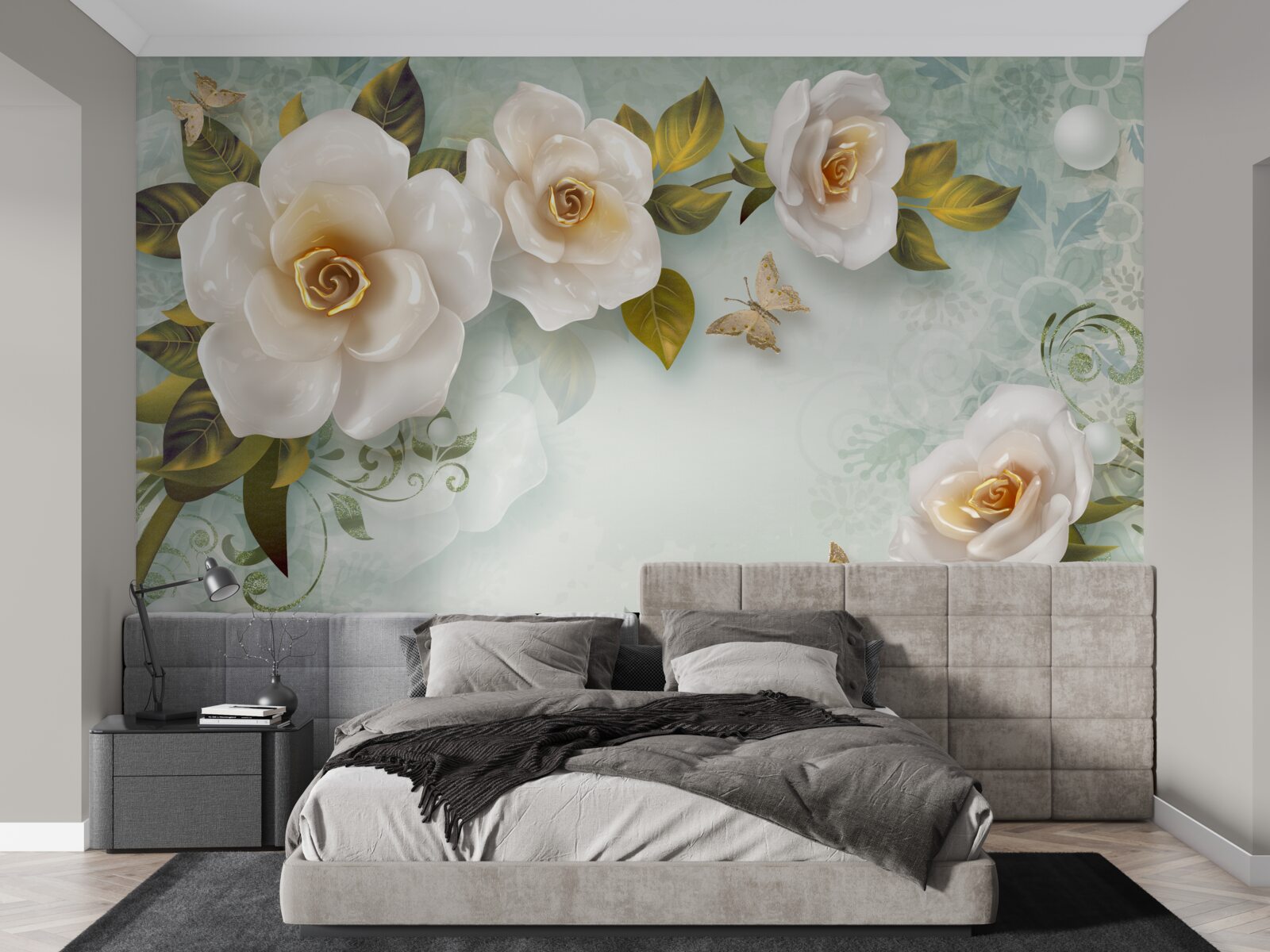 Papier peint roses en laque beige