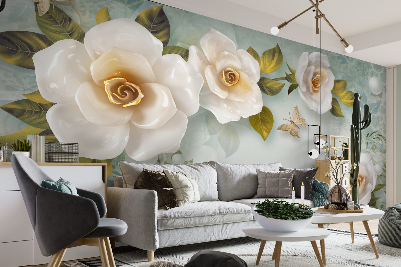 Papier peint roses en laque beige