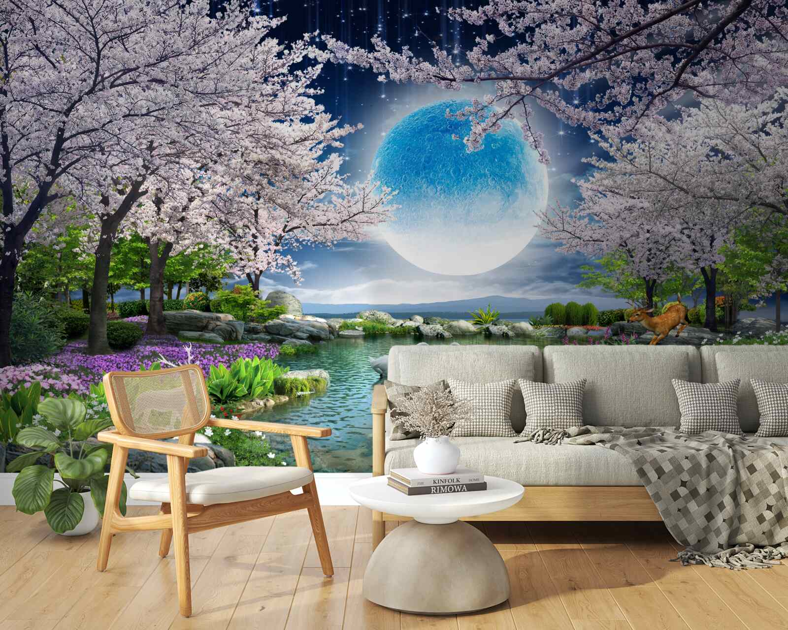 Papier peint forêt magique sous le dôme d'une énorme lune