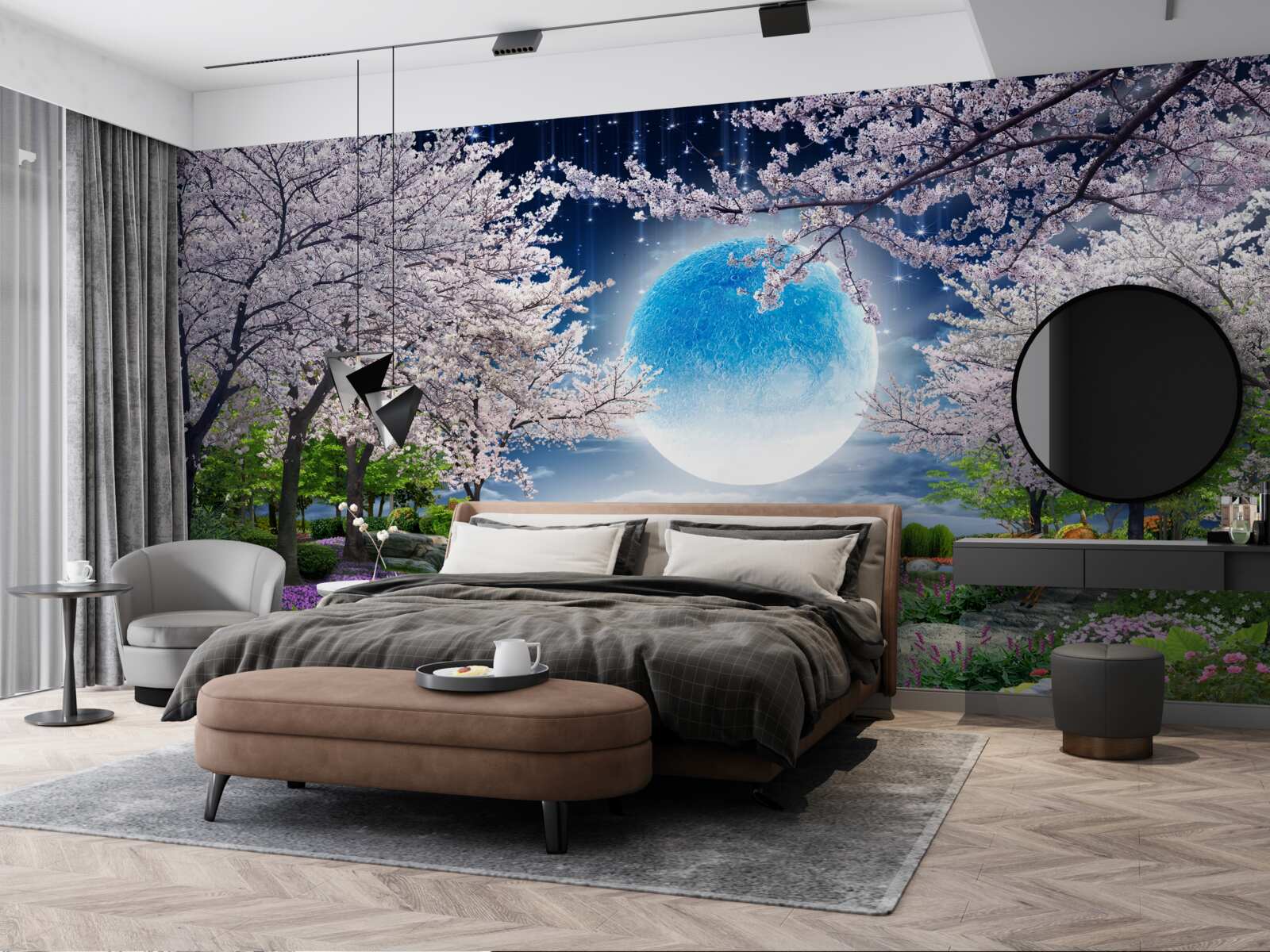 Papier peint forêt magique sous le dôme d'une énorme lune