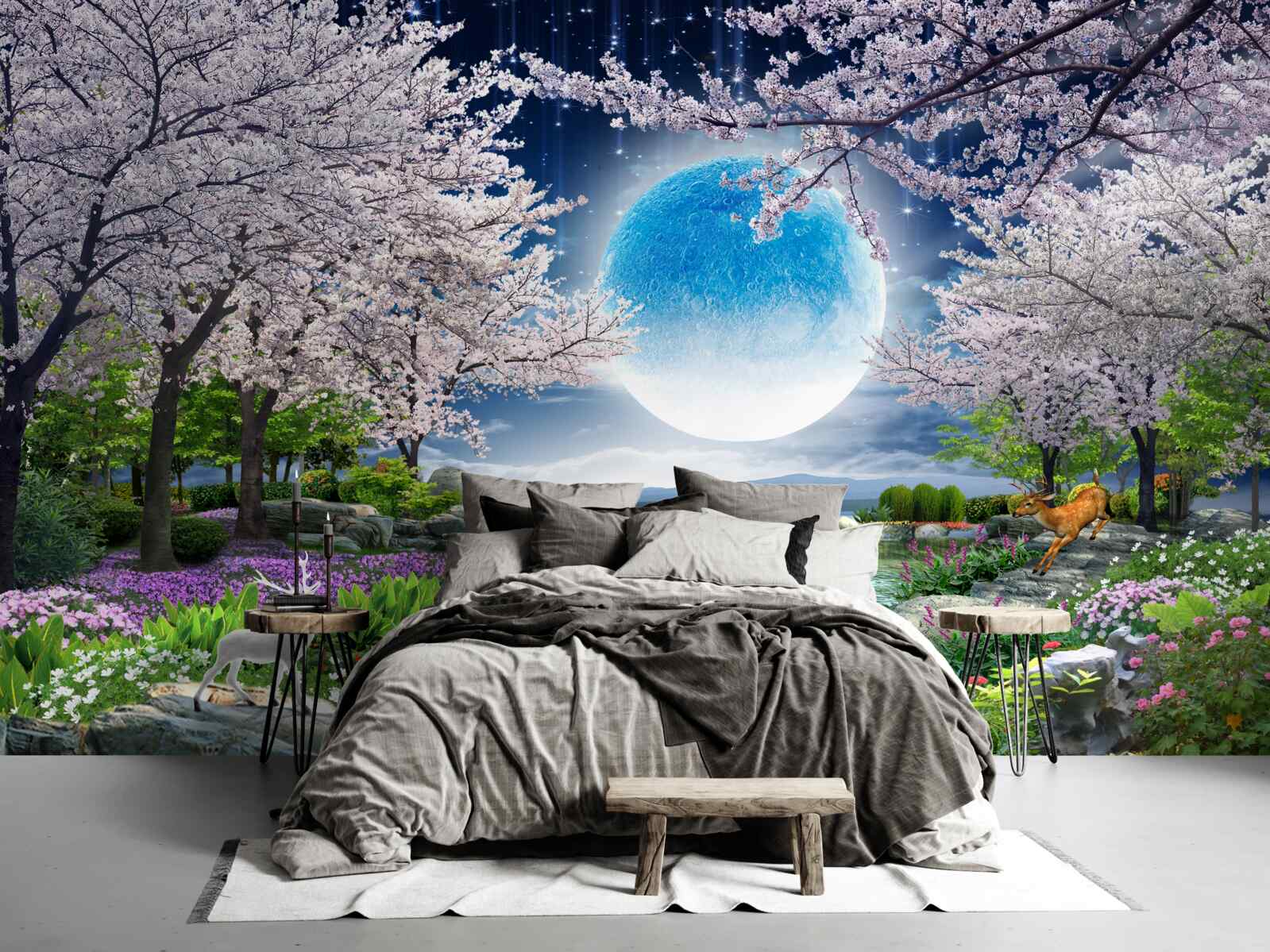 Papier peint forêt magique sous le dôme d'une énorme lune