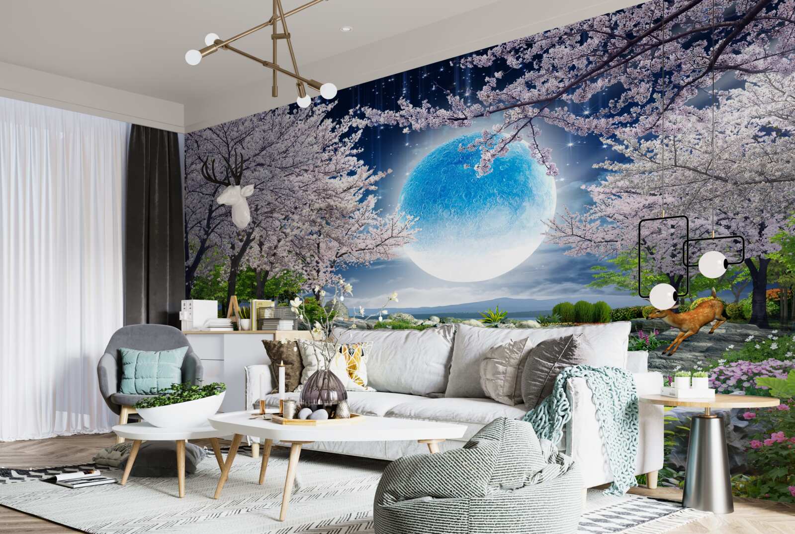 Papier peint forêt magique sous le dôme d'une énorme lune