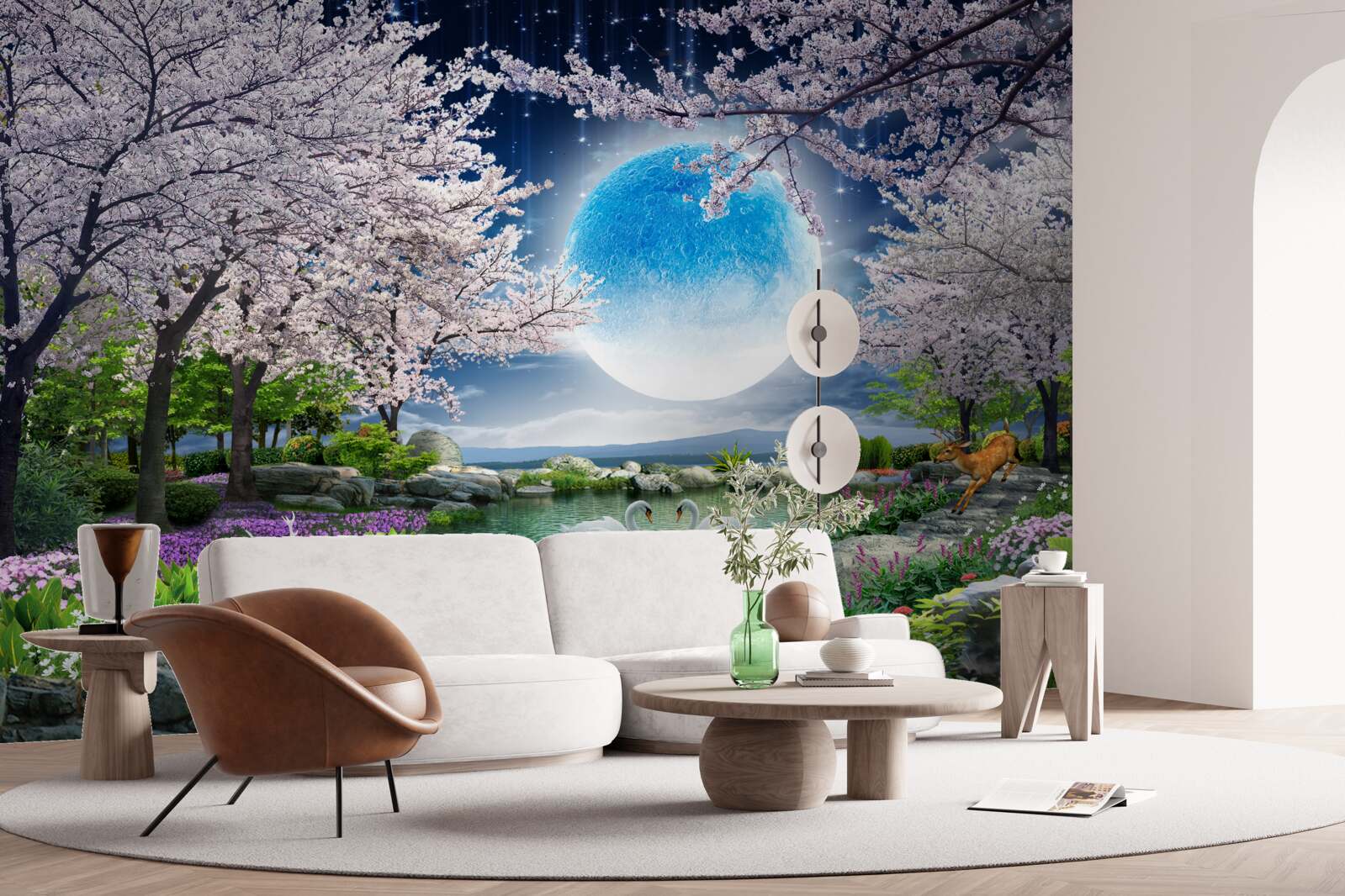 Papier peint forêt magique sous le dôme d'une énorme lune