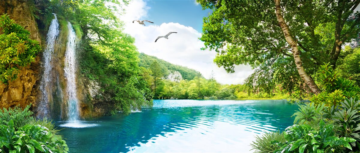 Papier peint une fabuleuse beauté naturelle entoure la cascade et le lac