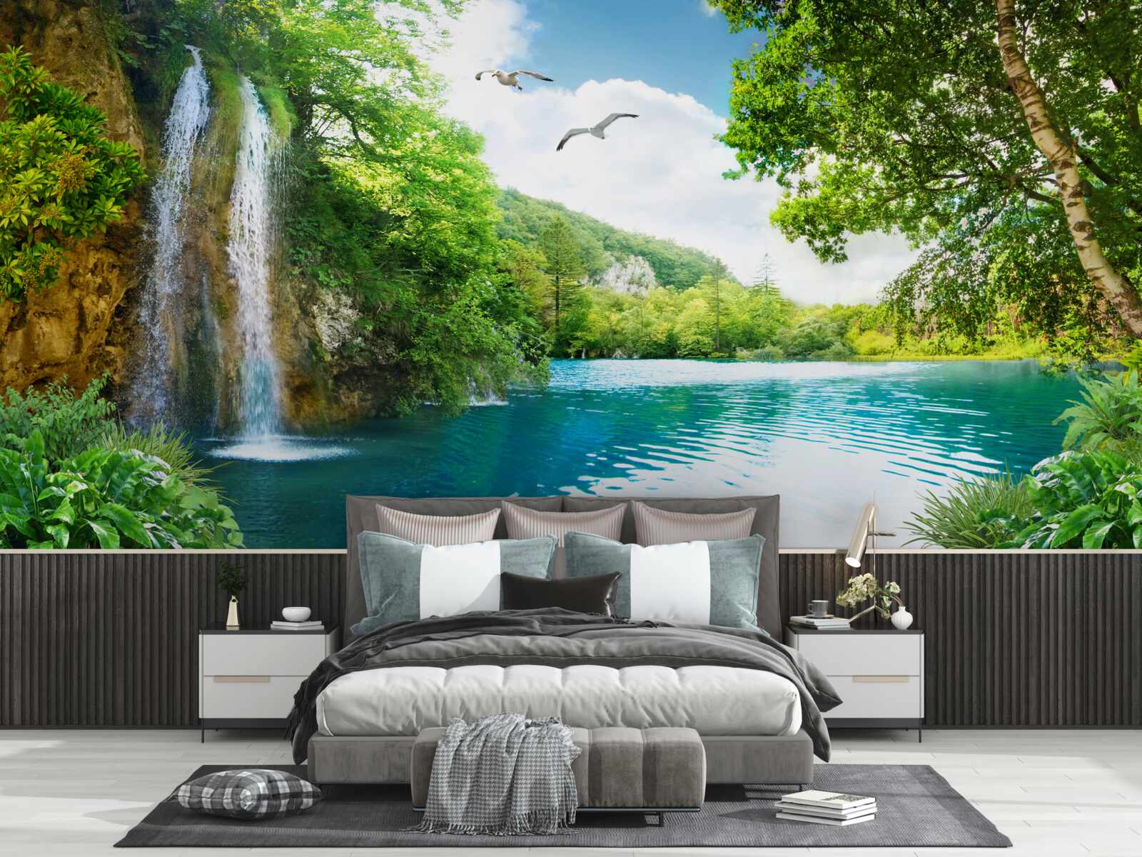 Papier peint une fabuleuse beauté naturelle entoure la cascade et le lac