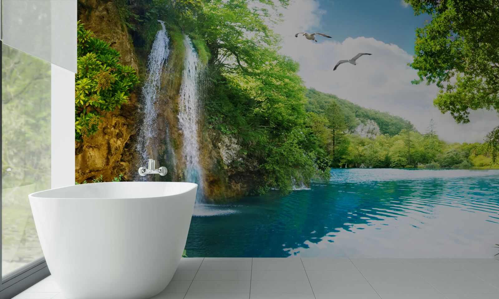 Papier peint une fabuleuse beauté naturelle entoure la cascade et le lac