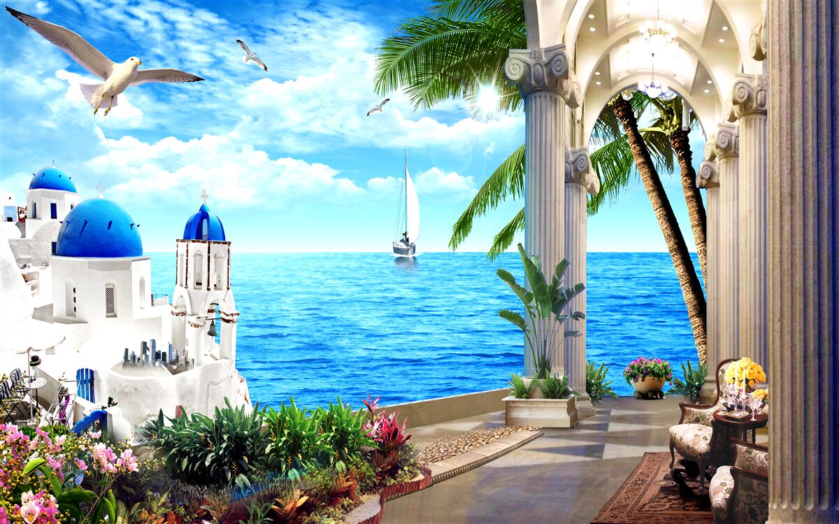 Papier peint Colonnade grecque menant à la mer