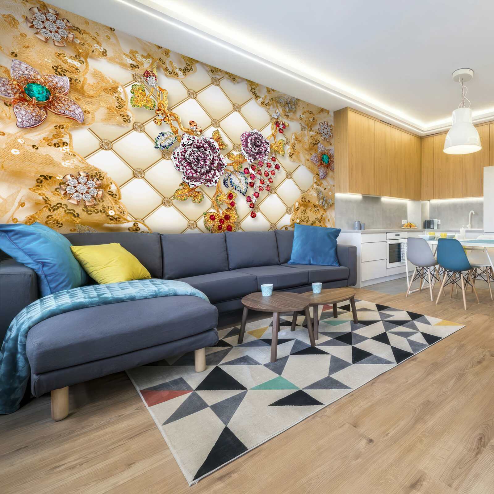 Papier peint fleurs d'automne en or et en pierre