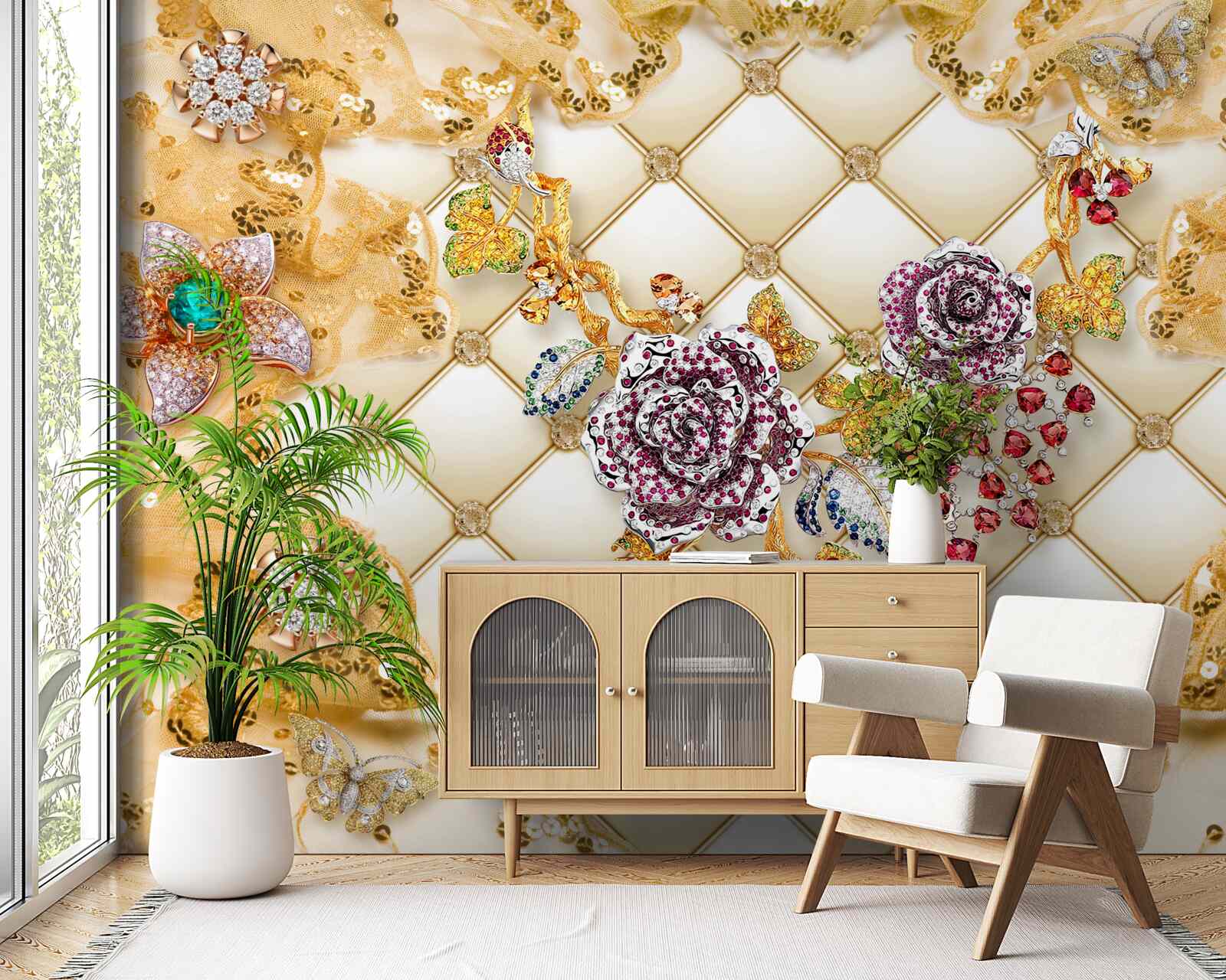 Papier peint fleurs d'automne en or et en pierre