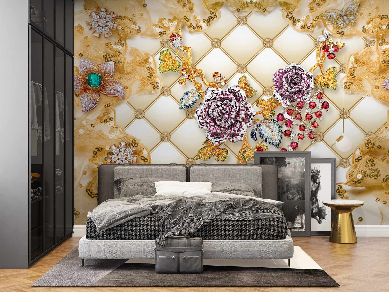 Papier peint fleurs d'automne en or et en pierre