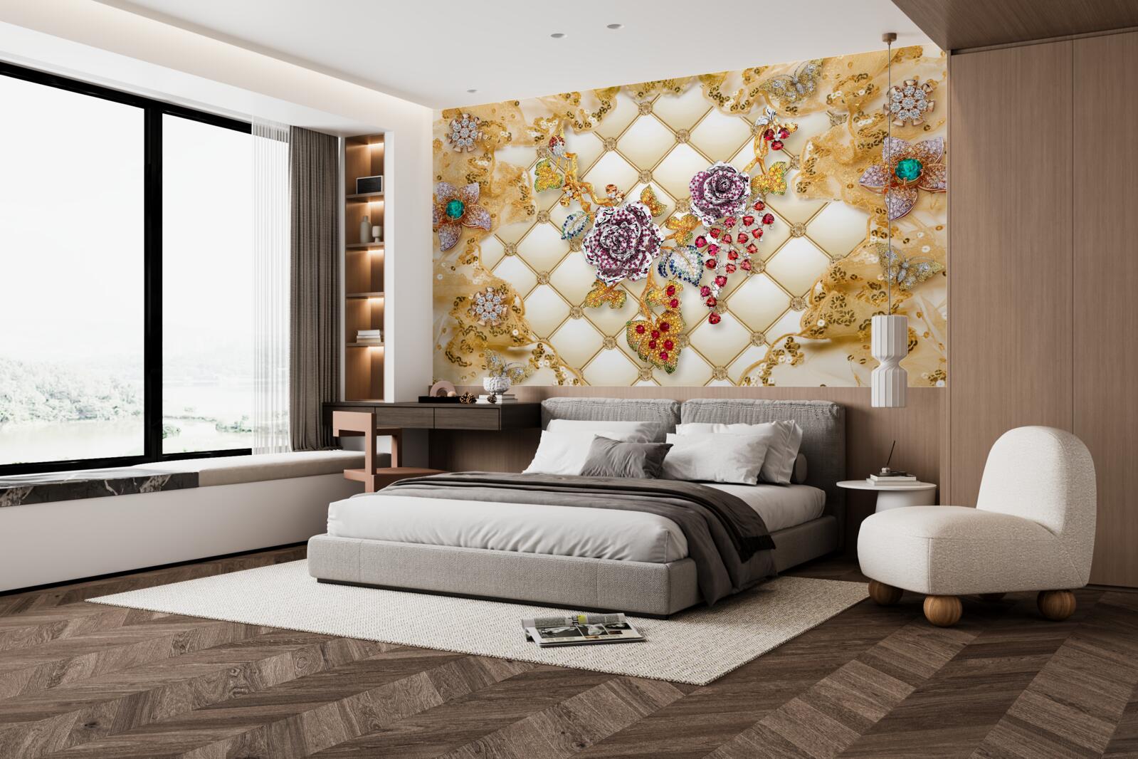 Papier peint fleurs d'automne en or et en pierre