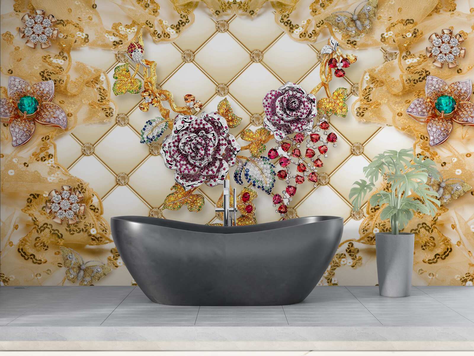 Papier peint fleurs d'automne en or et en pierre