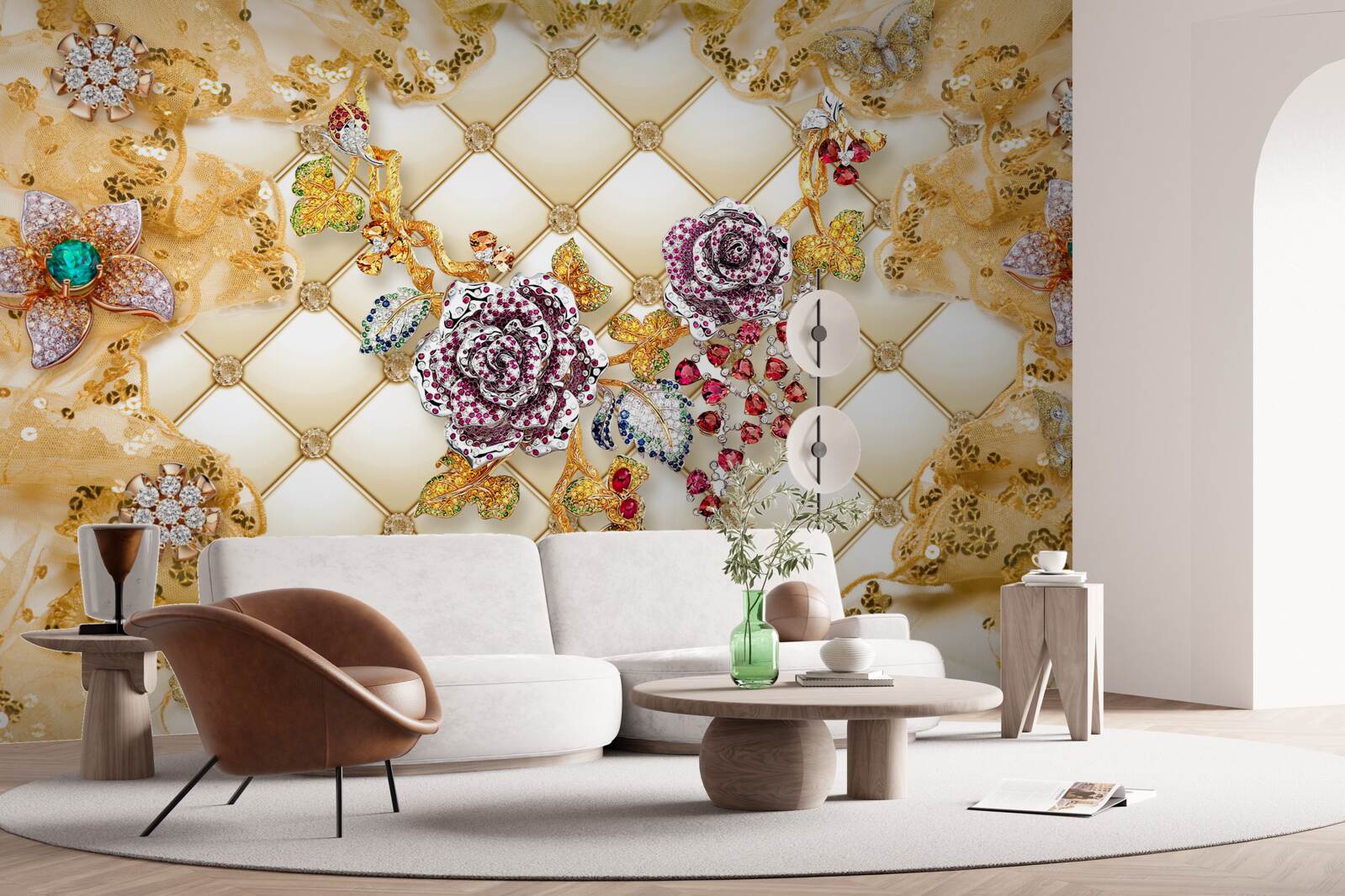 Papier peint fleurs d'automne en or et en pierre