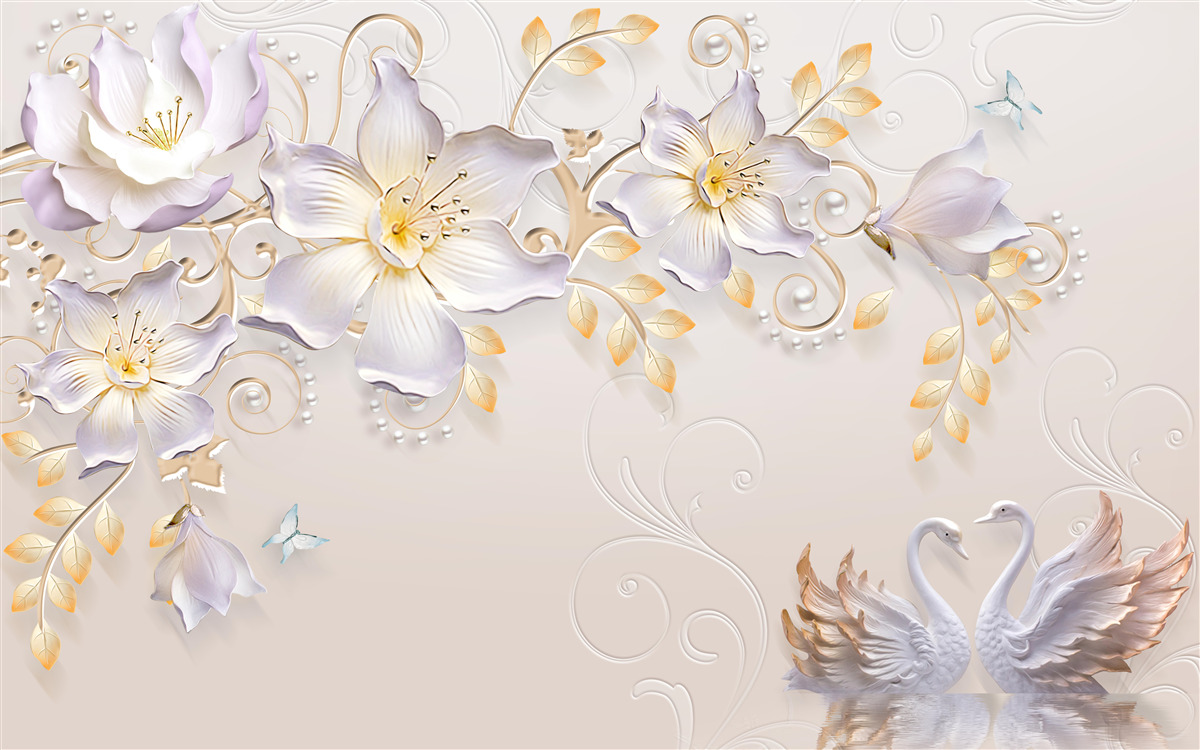 Papier peint Cygnes blancs et bourgeons légers